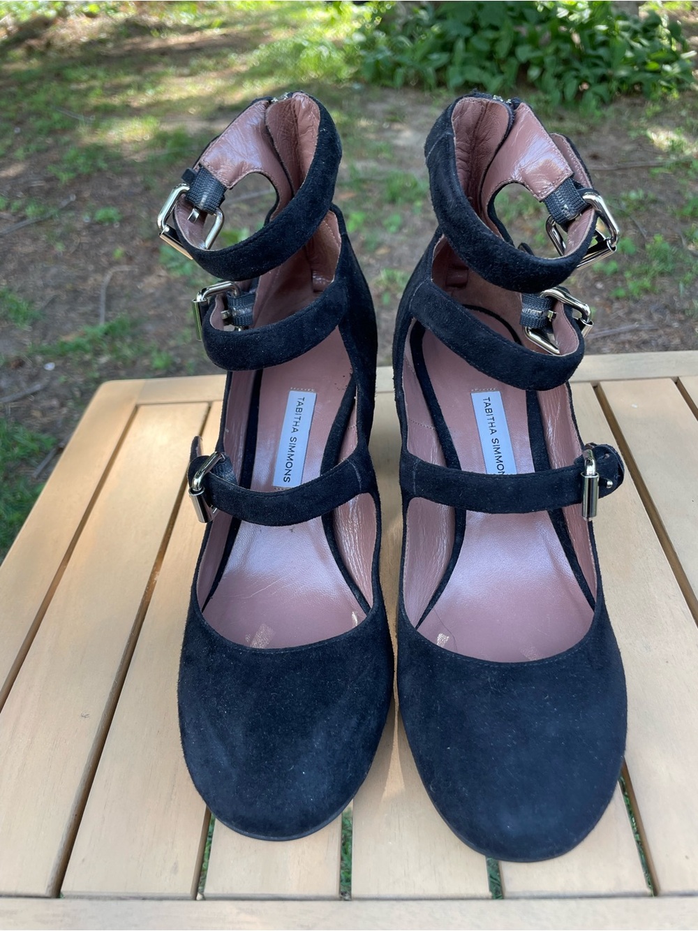 Tabitha Simmons Black Suede Triple-Strap Pumps